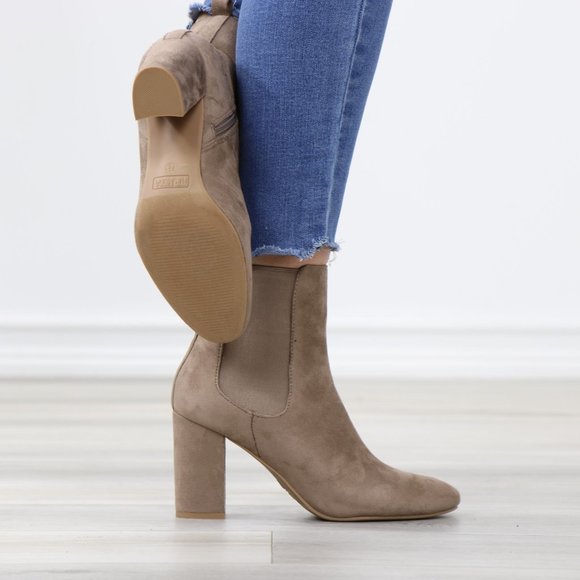 Taupe Suede Chelsea Round Toe Block High Heel Above Ankle Boots - Picture 5 of 12
